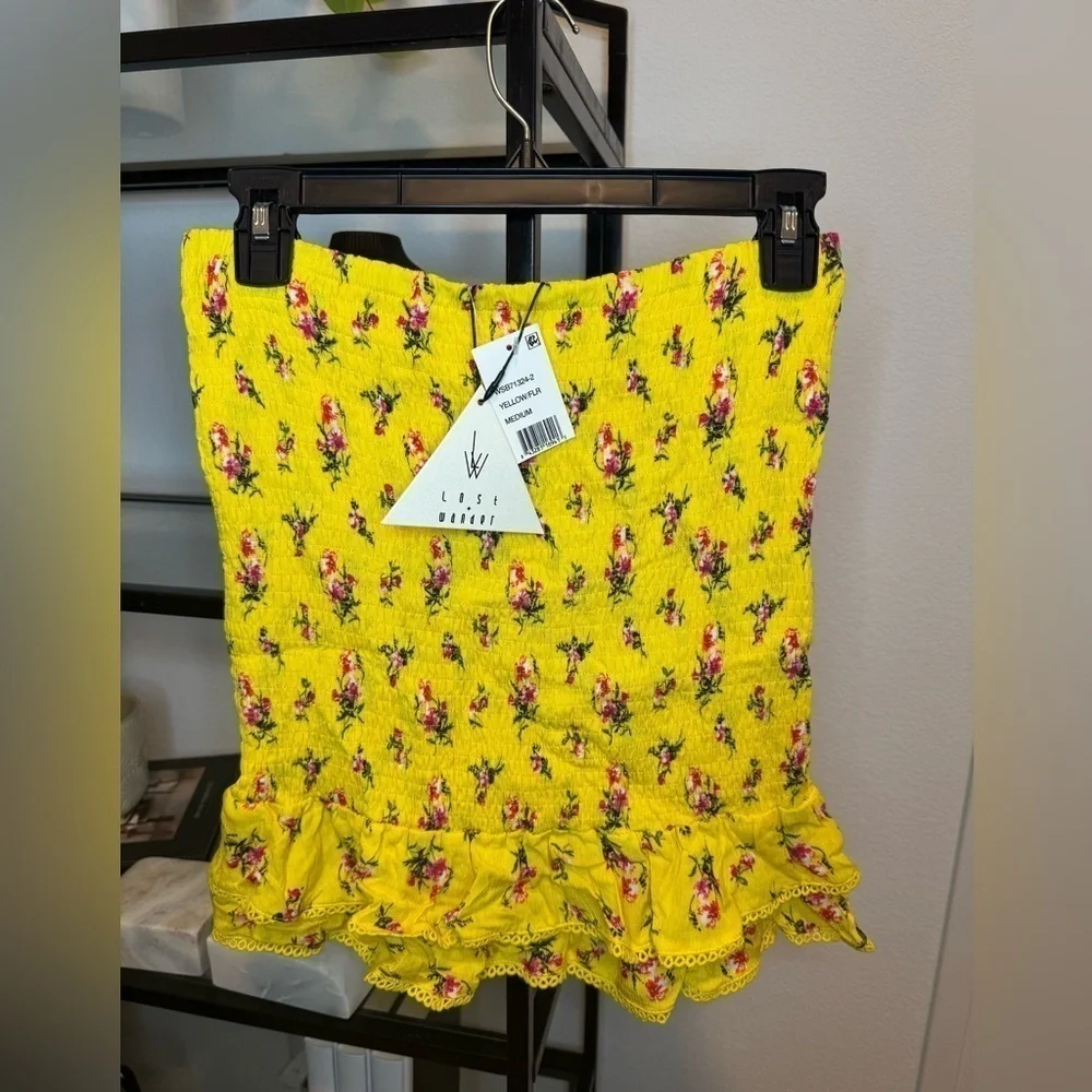 NWT Lost + Wander Womens Printed Smocked Ruffle Mini Skirt Floral Yellow Size M
